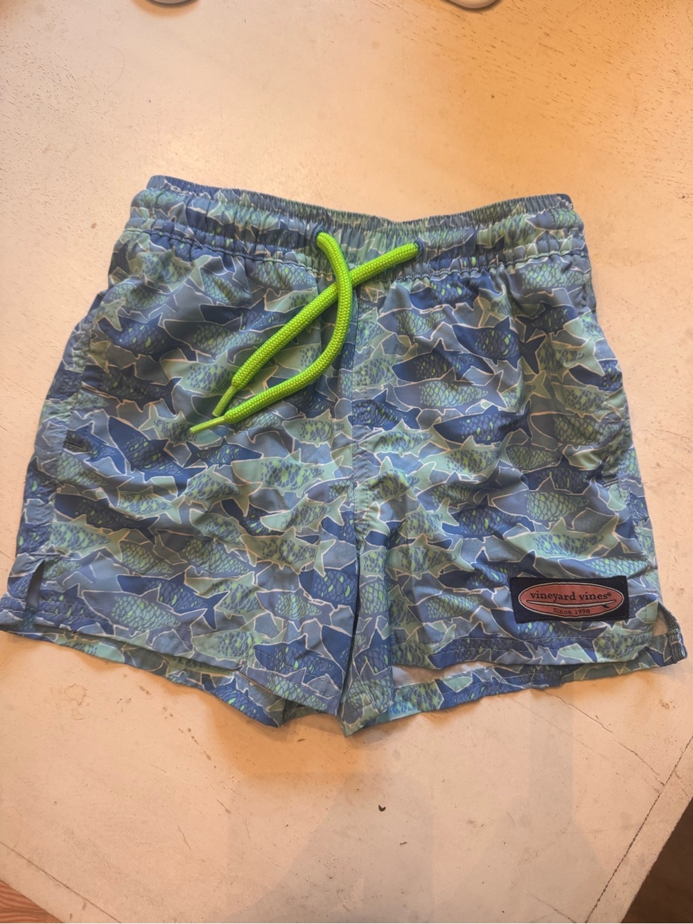 Vineyard Vines Boys Blue & Green Fish Print Swim Trunks